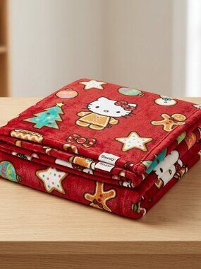 Sanrio Hello Kitty Red Holiday Plush Blanket with Multicolor Icons